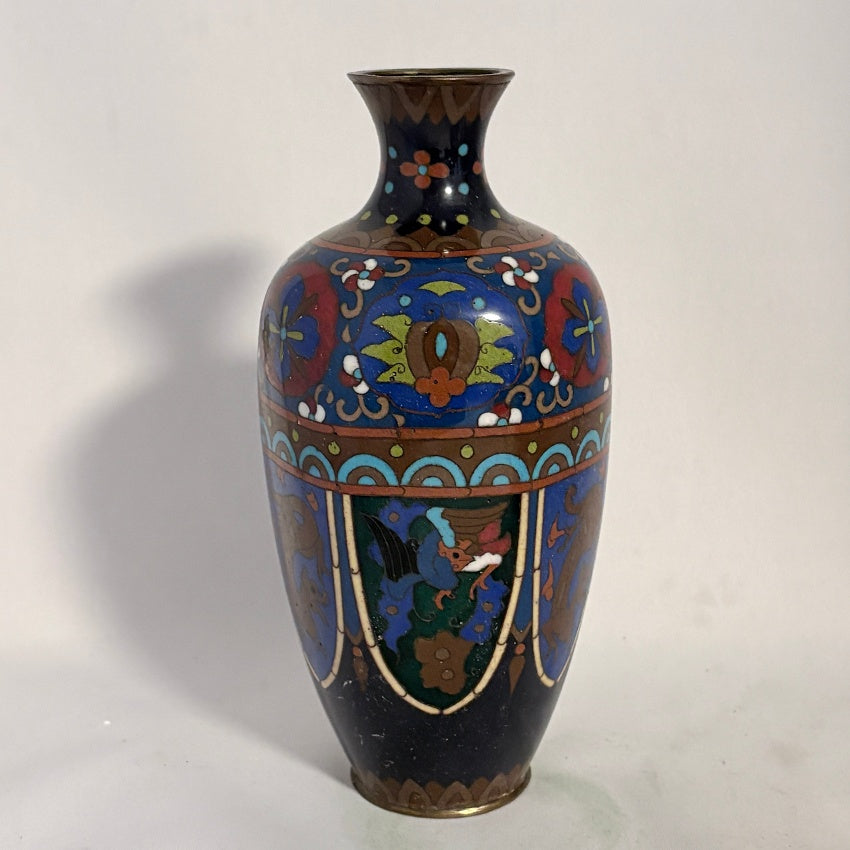 Japanese Cloisonné Vase, Meiji c.1880, Midnight Blue Lappet