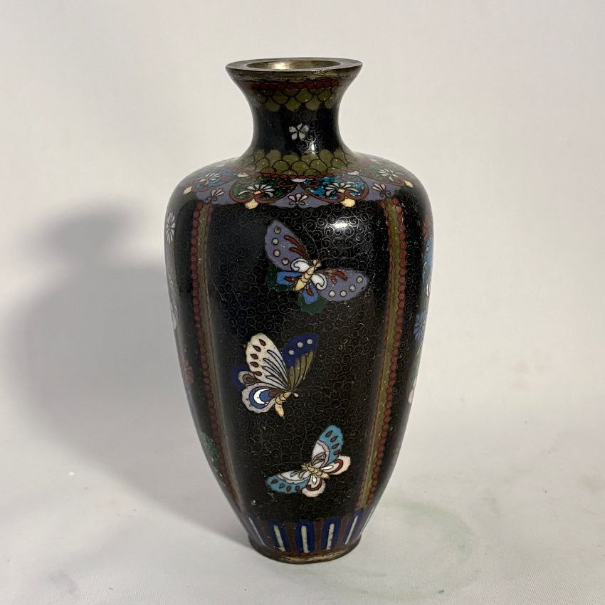 Japanese Cloisonné Vase, Meiji c.1880, Black Ground Butterflies