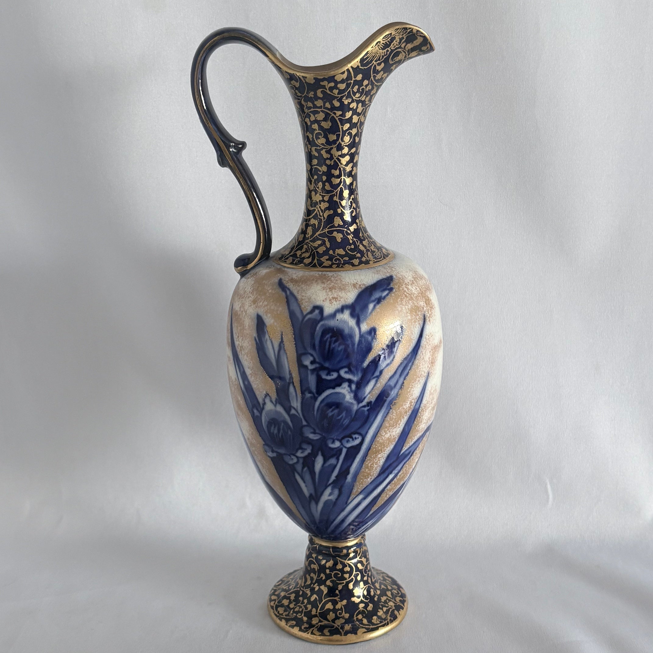 Doulton Burslem Ewer, Cobalt Blue Iris & Heavy Gilt, 12 Inches, c.1890–1910