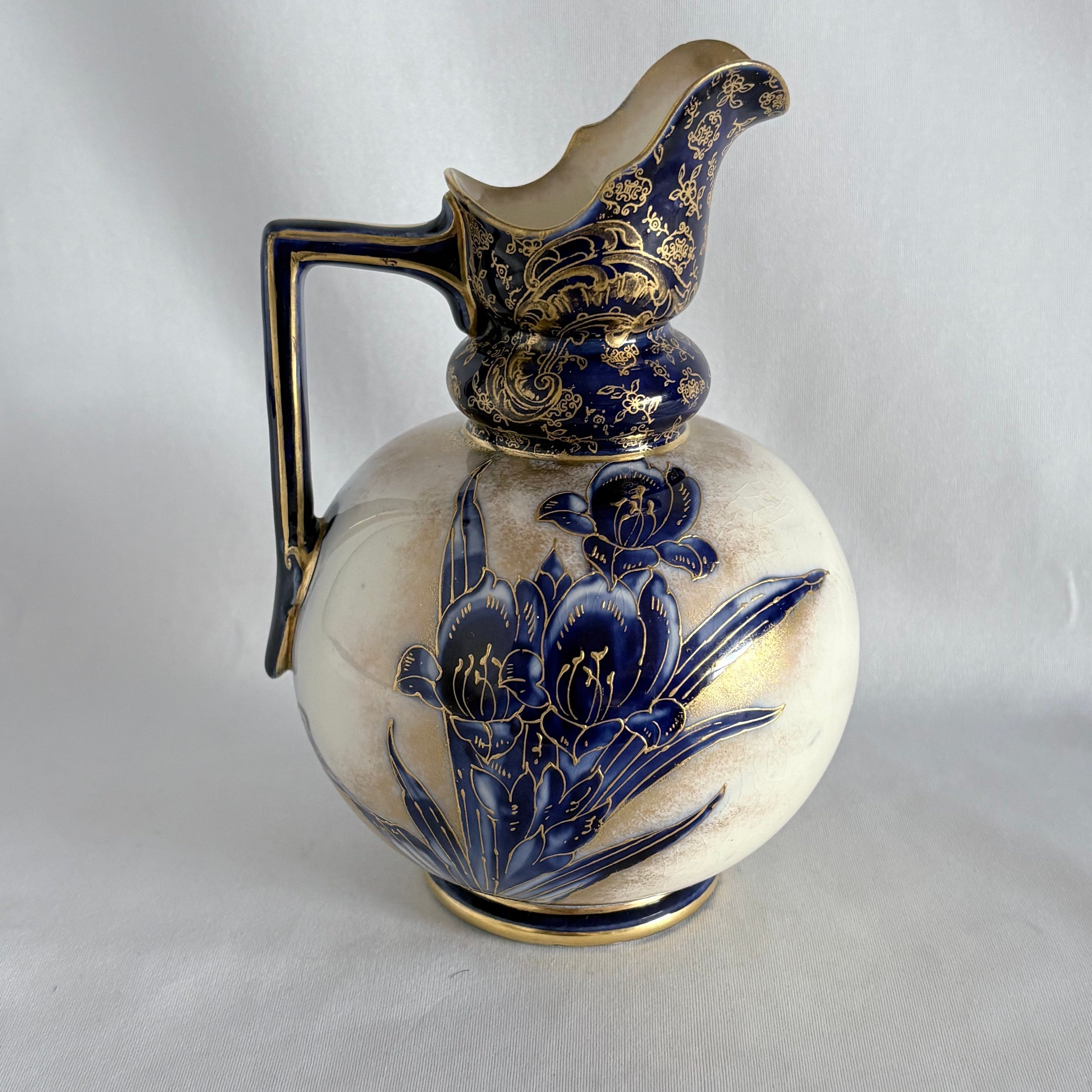 Doulton Burslem Iris Ewer, Cobalt Blue & Gilt Floral, Globular Form