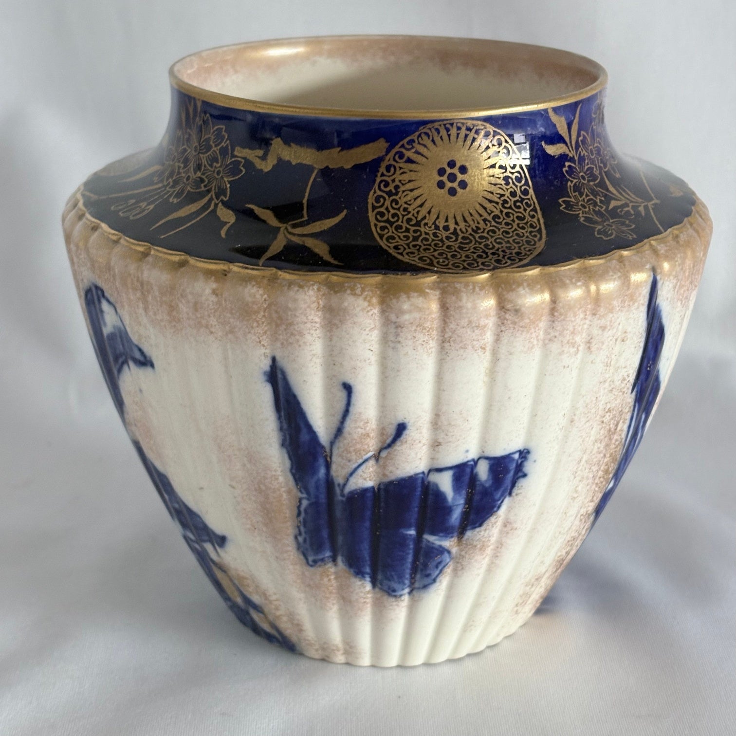 Royal Doulton Burslem Ribbed Vase, Cobalt Blue & Gilt Lotus