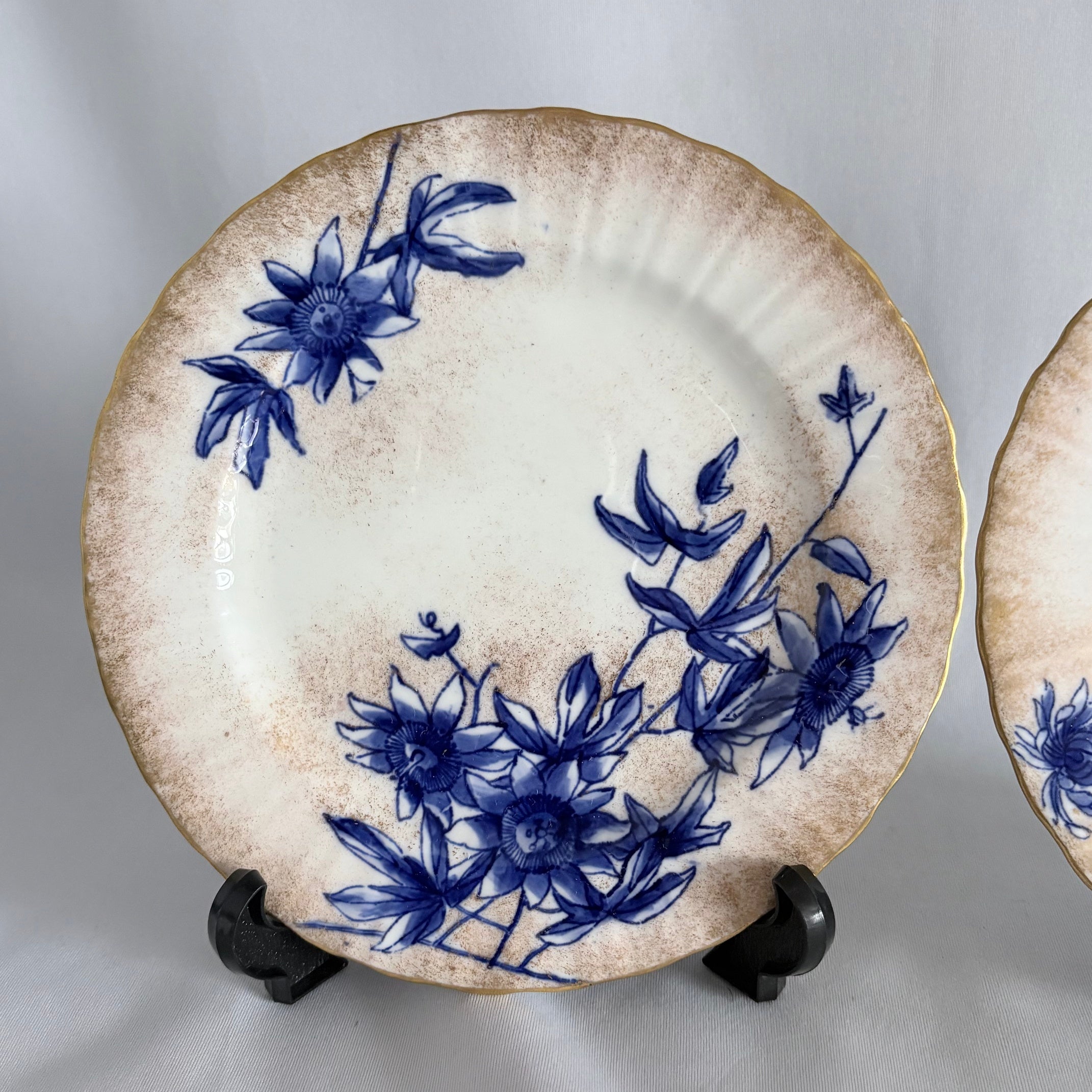 Doulton Burslem Cabinet Plates, Cobalt Blue Botanicals & Gilt, Passion Flower & Chrysanthemum, Pair