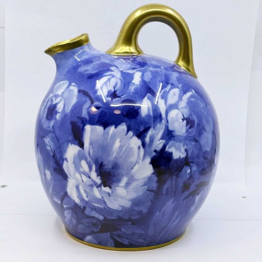 Royal Doulton Burslem Blue & White Floral Ewer Jug with Gilt Handle – 6.5" – Antique English Art Pottery