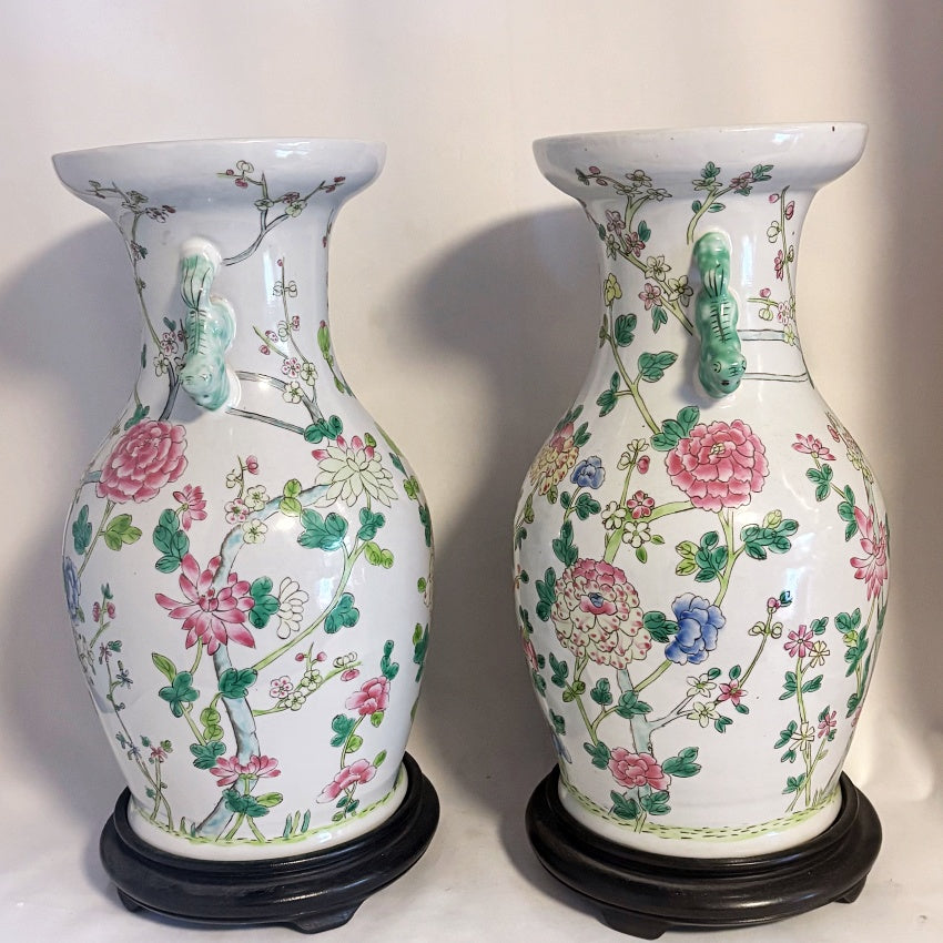 Pair Chinese Famille Rose Porcelain Vases Hardwood Stands — 20th Century Export Ware