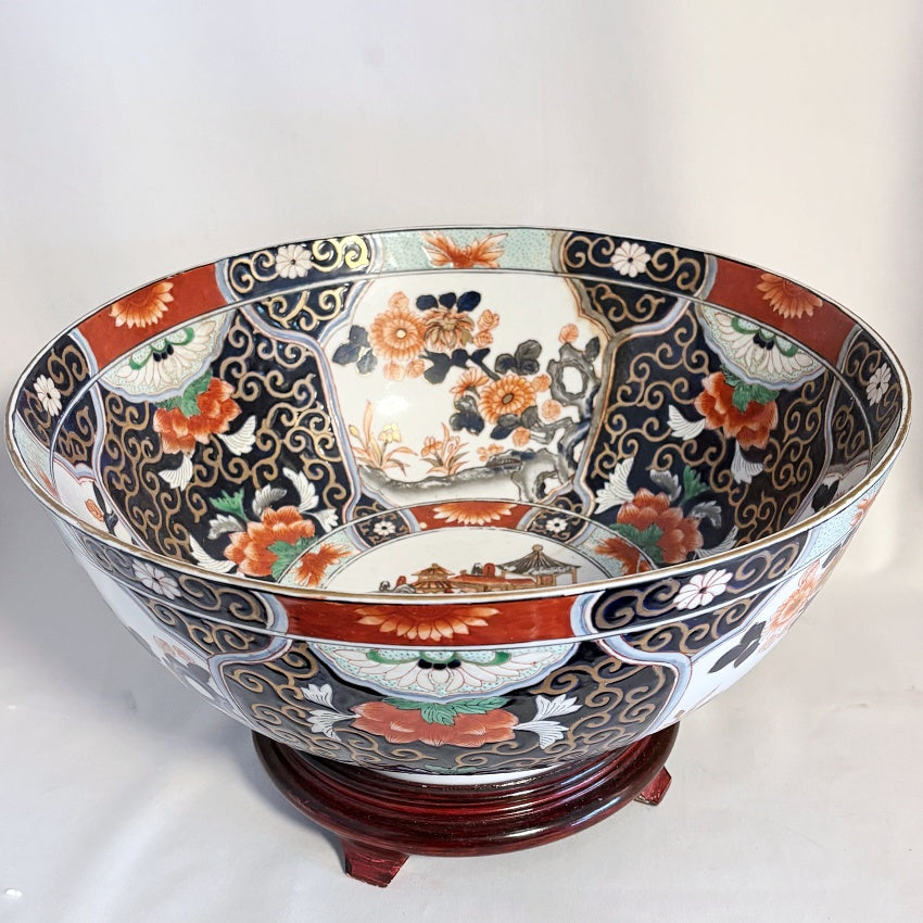 Large Chinese Imari-Style Porcelain Punch Bowl with Hardwood Stand — 14" Diameter, 20th Century