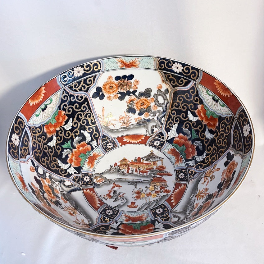 Large Chinese Imari-Style Porcelain Punch Bowl with Hardwood Stand — 14" Diameter, 20th Century