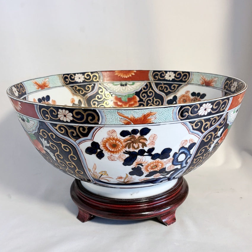 Large Chinese Imari-Style Porcelain Punch Bowl with Hardwood Stand — 14" Diameter, 20th Century