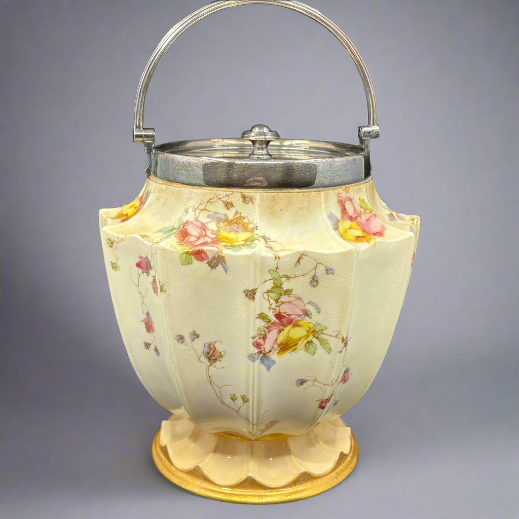 Doulton Burslem biscuit barrel with silver plate handle hand-painted floral decoration 10 inches