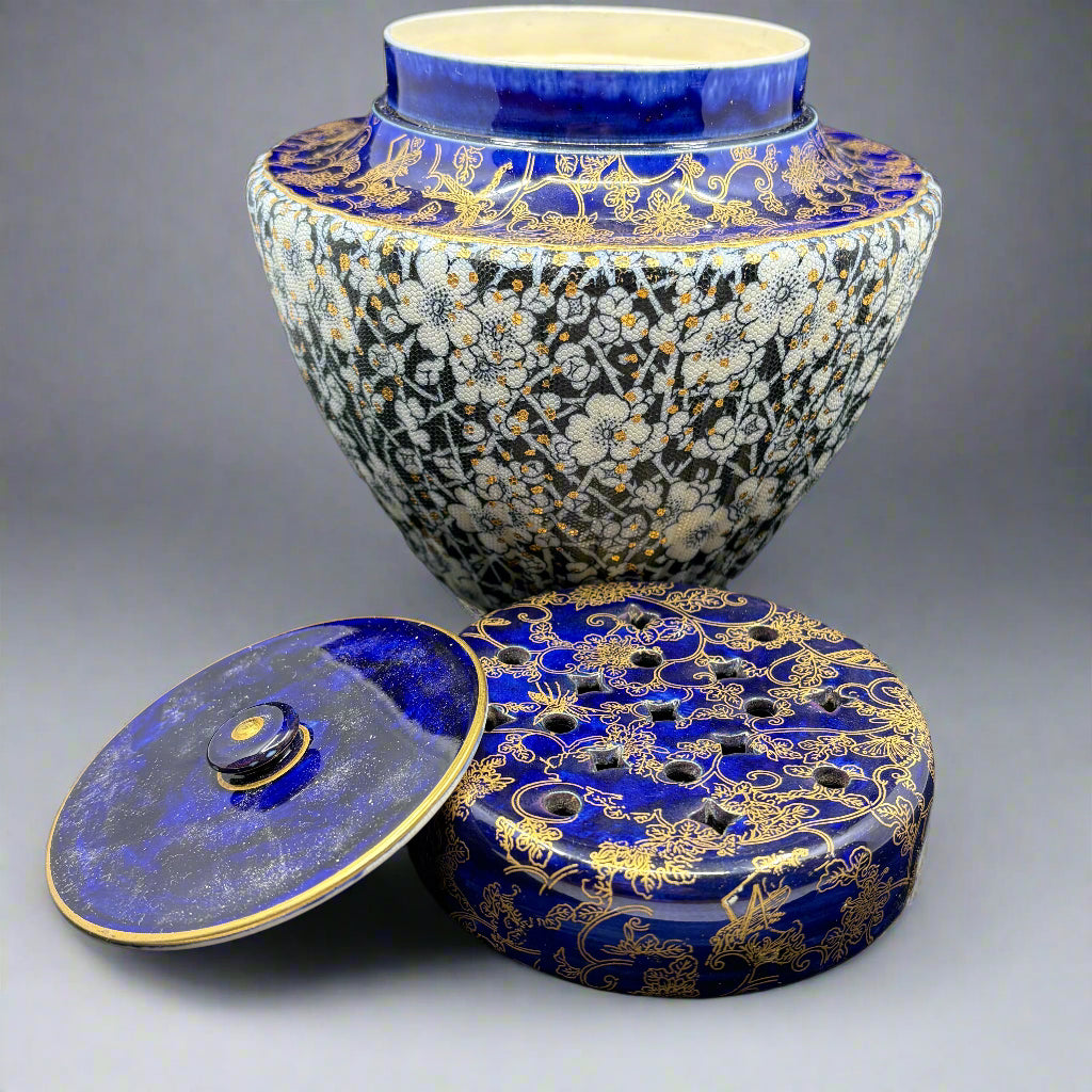 Doulton Burslem intricate gold floral decoration on cobalt blue ground