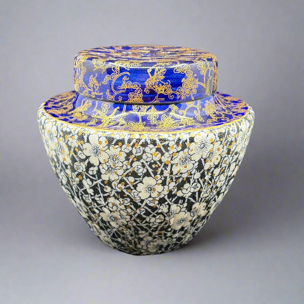 Doulton Burslem pot pourri jar with lid cobalt blue gold floral decoration 6 inches"