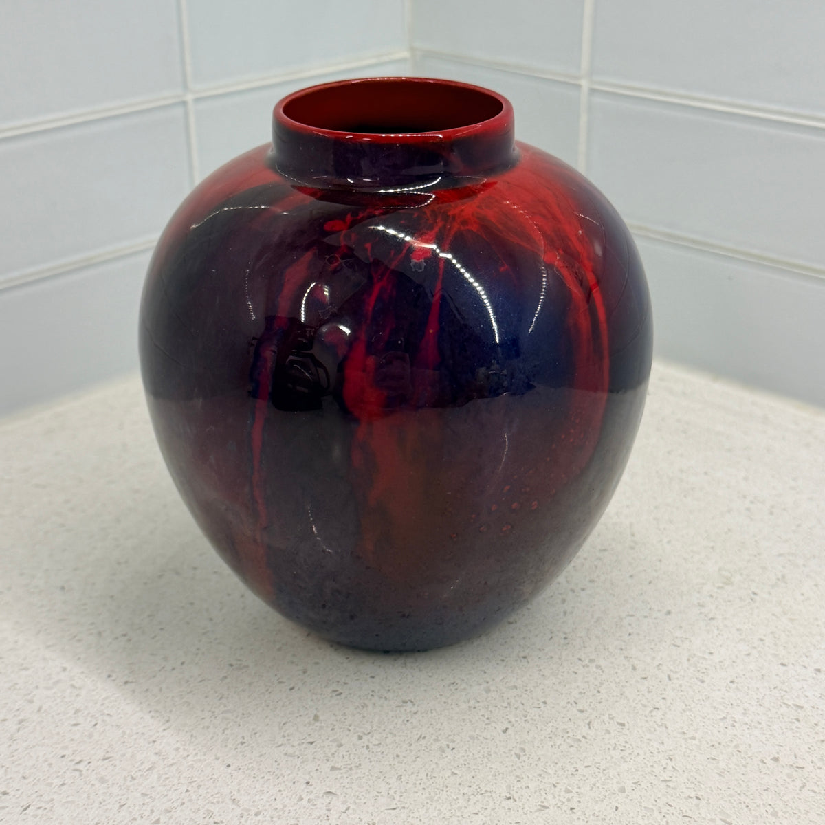 Royal Doulton Flambé Sung vase signed Fred Moore, red and blue veined glaze, front view