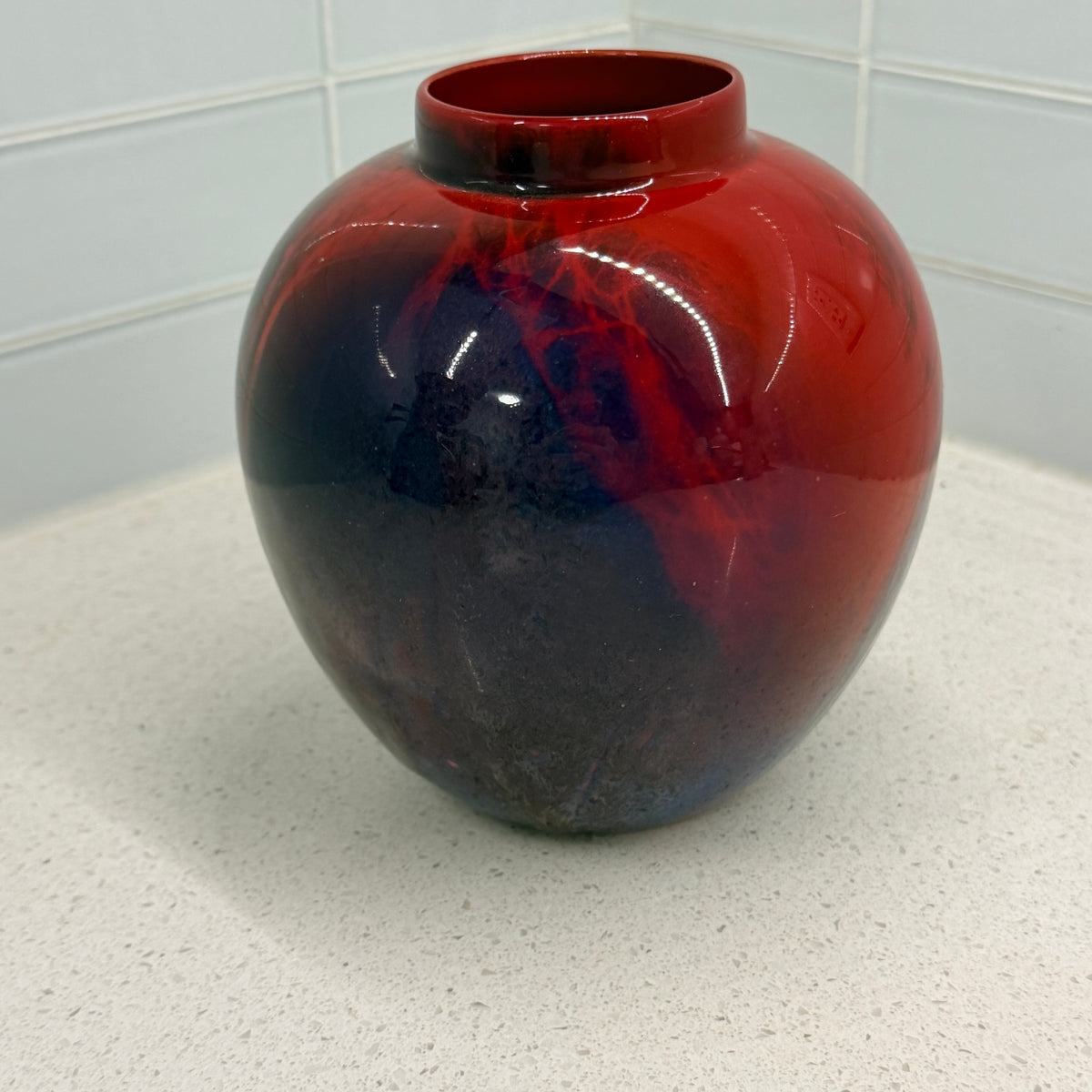Royal Doulton Flambé Sung vase, red shoulder with blue mottled body, side view