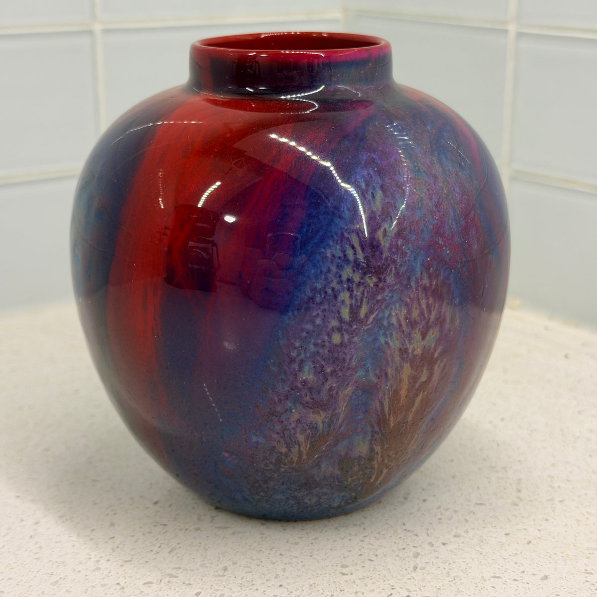 Royal Doulton Flambé Sung vase signed Fred Moore, red and peacock blue mottled glaze, front view