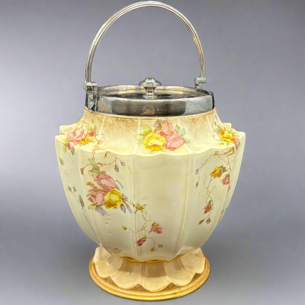 Doulton Burslem biscuit barrel with silver plate handle hand-painted floral decoration 10 inches
