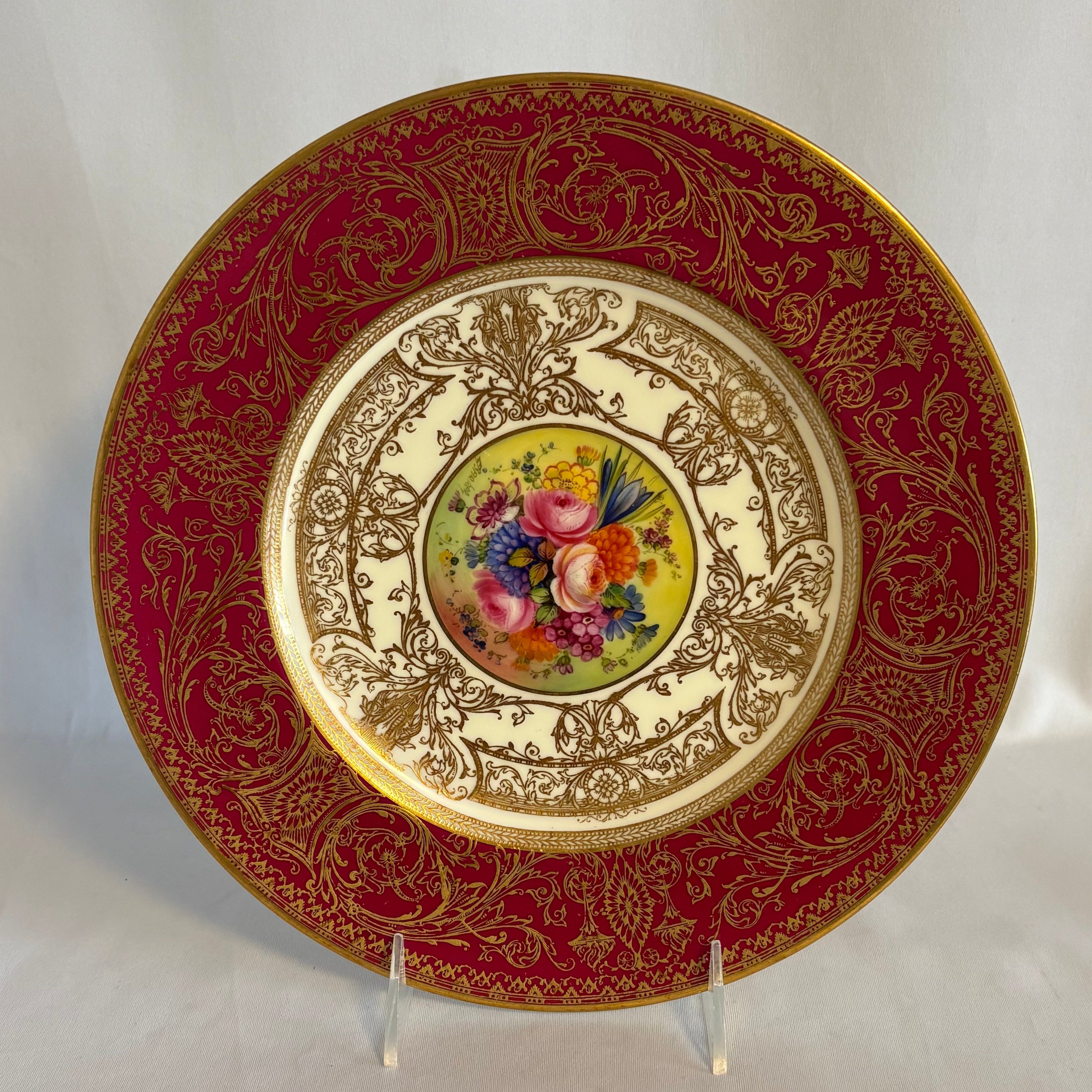 Royal Worcester Floral Centre Plate Raised Gold Signed E. Baker- William Cross