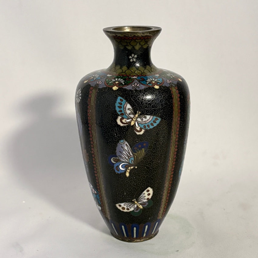 Japanese Cloisonné Vase, Meiji c.1880, Black Ground Butterflies