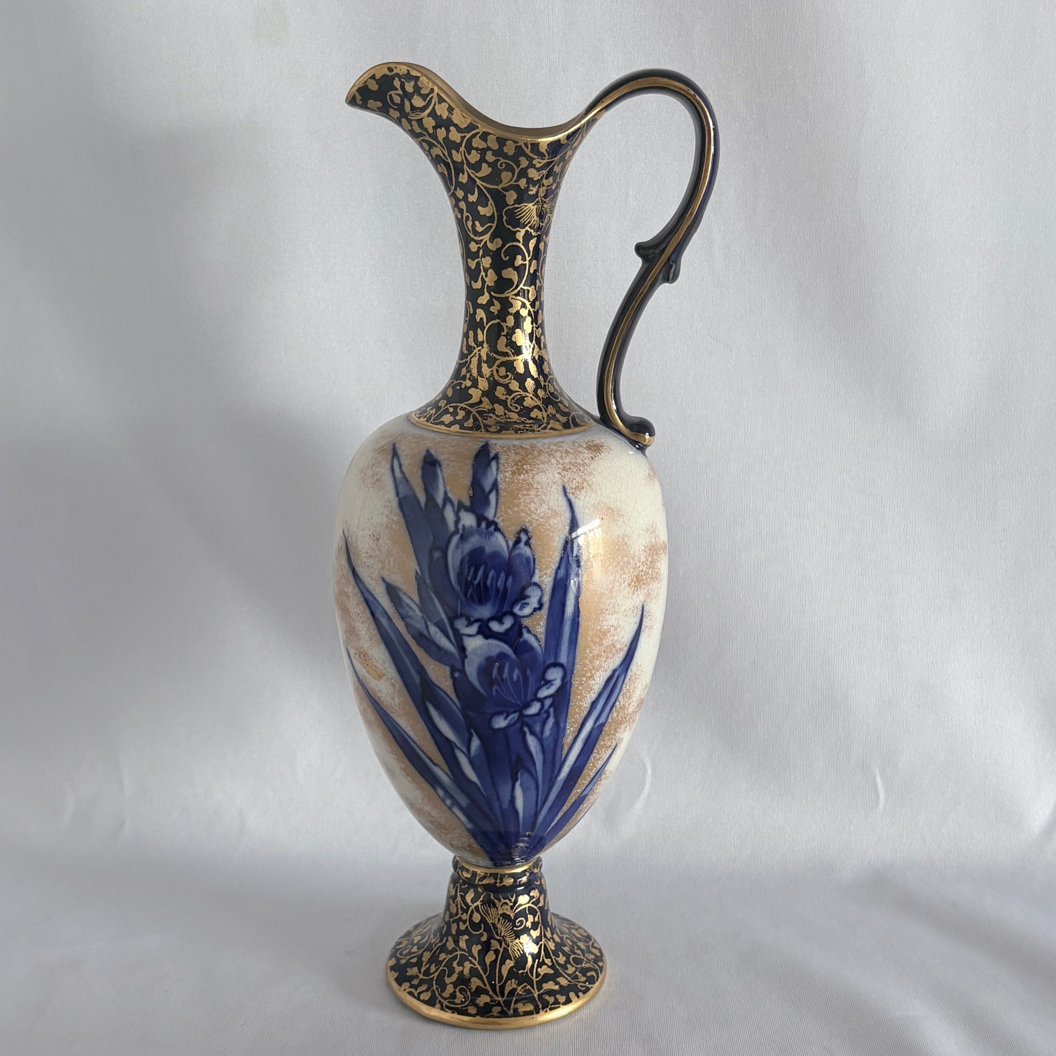 Doulton Burslem Ewer, Cobalt Blue Iris & Heavy Gilt, 12 Inches, c.1890–1910