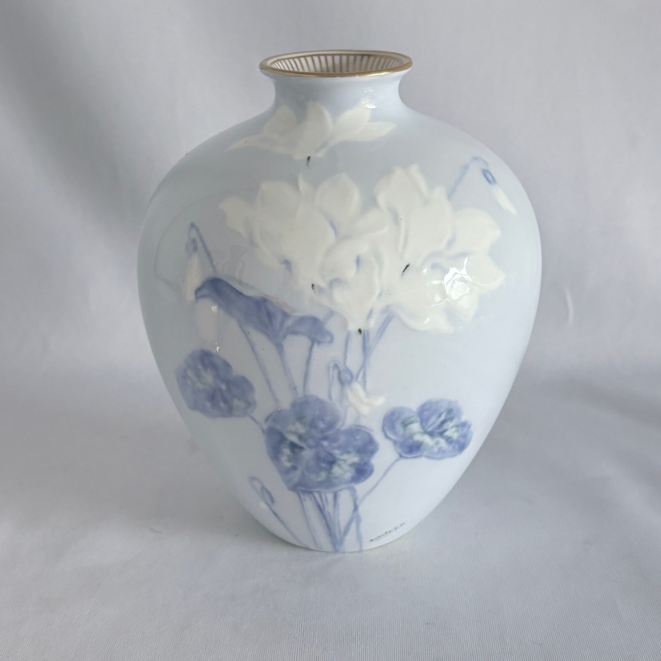 Royal Doulton Burslem Art Nouveau Vase, Blue Floral Botanical, Gilt Rim, Artist Signed
