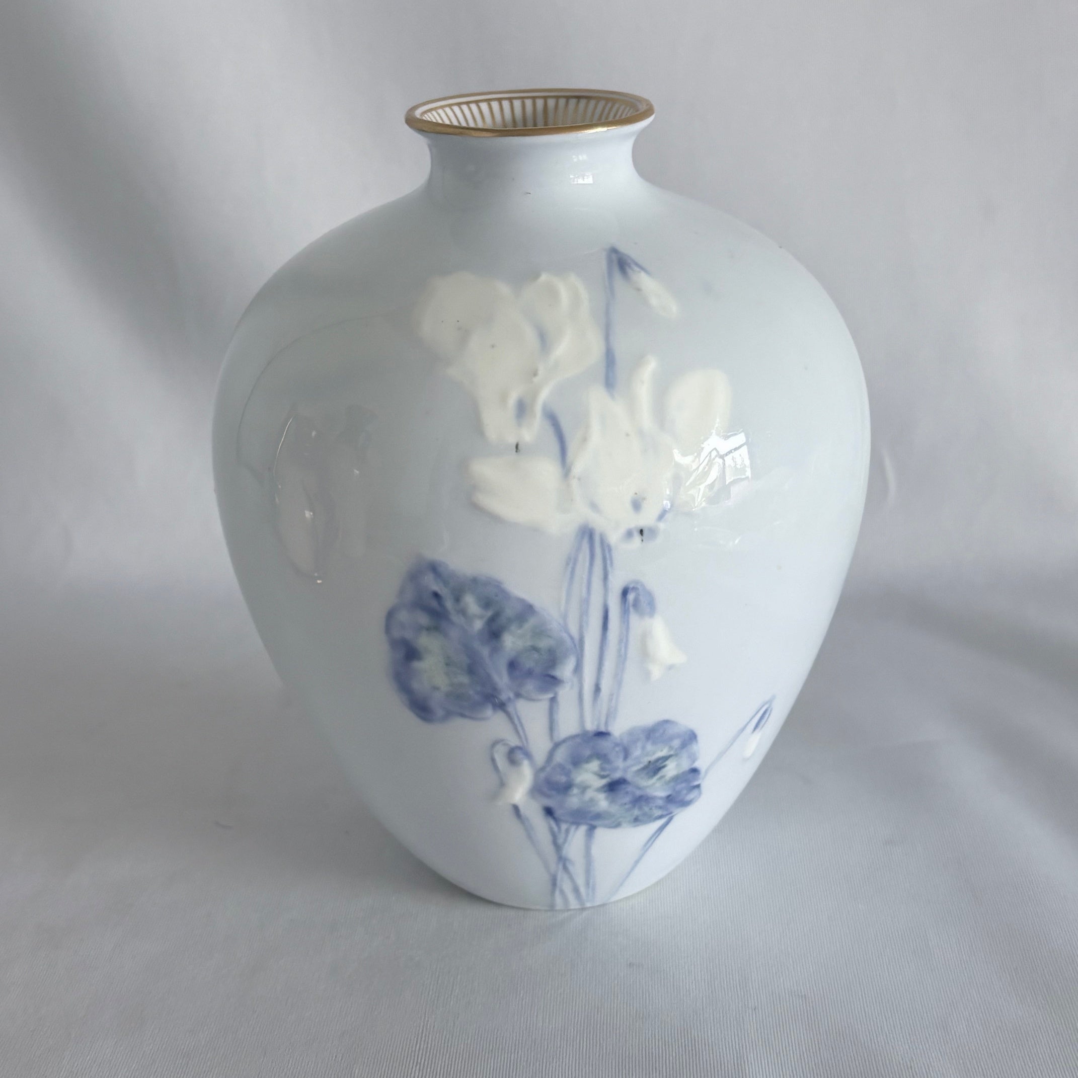 Royal Doulton Burslem Art Nouveau Vase, Blue Floral Botanical, Gilt Rim, Artist Signed