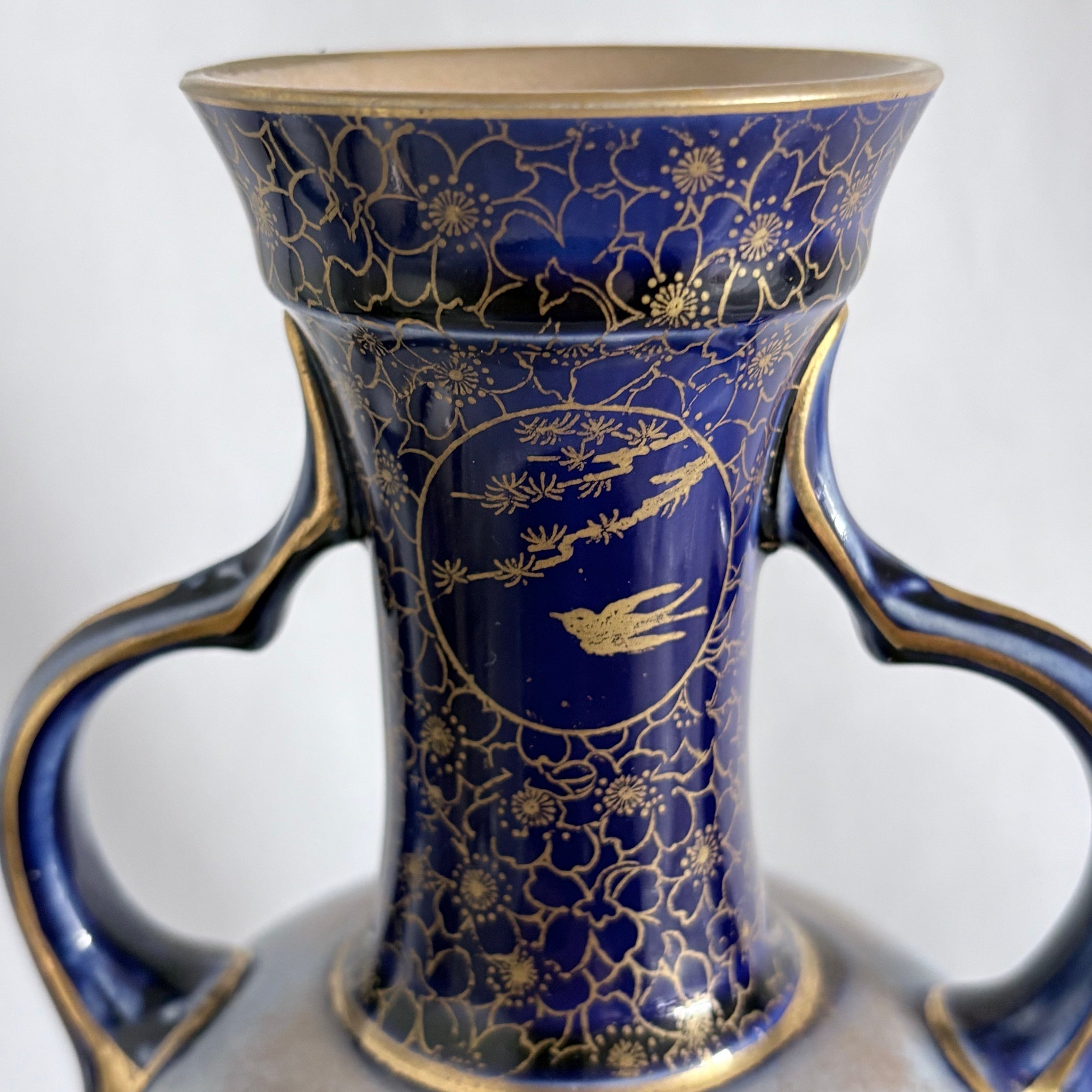 Doulton Burslem Twin-Handled Amphora Vase, Cobalt Iris & Gilt Bird Medallion