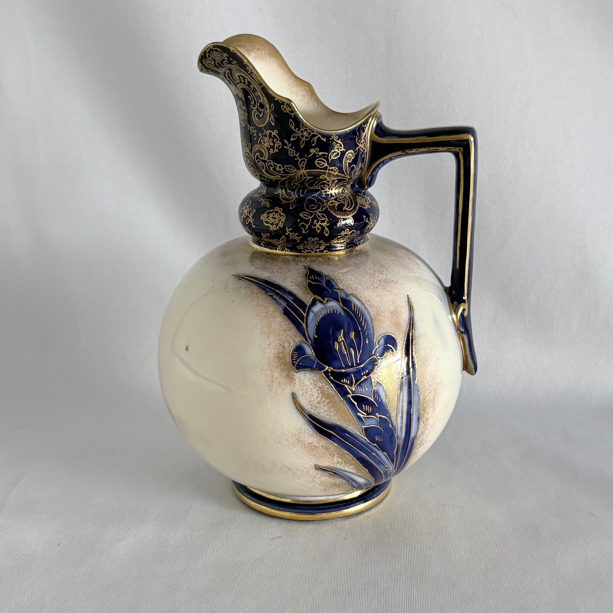 Doulton Burslem Iris Ewer, Cobalt Blue & Gilt Floral, Globular Form - William Cross