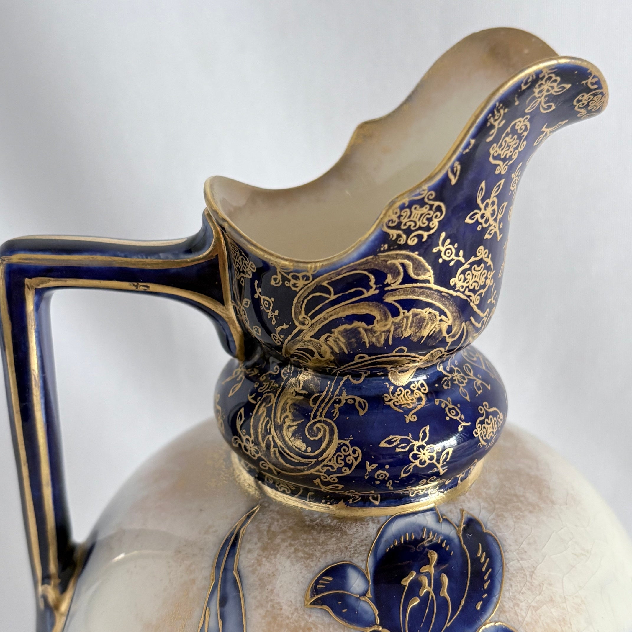 Doulton Burslem Iris Ewer, Cobalt Blue & Gilt Floral, Globular Form