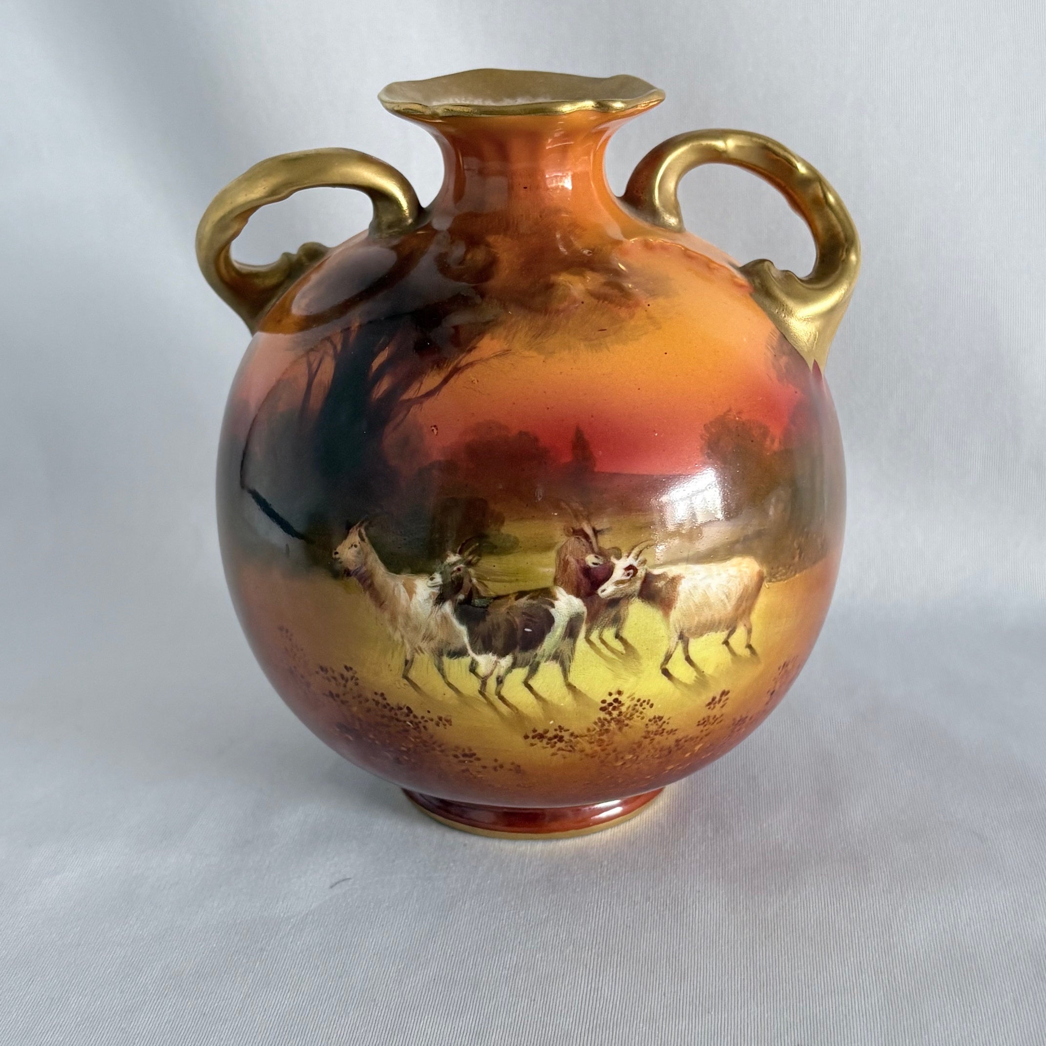 Royal Doulton Holbein Ware Vase, Goats in Sunset Landscape, England c.1902–1930