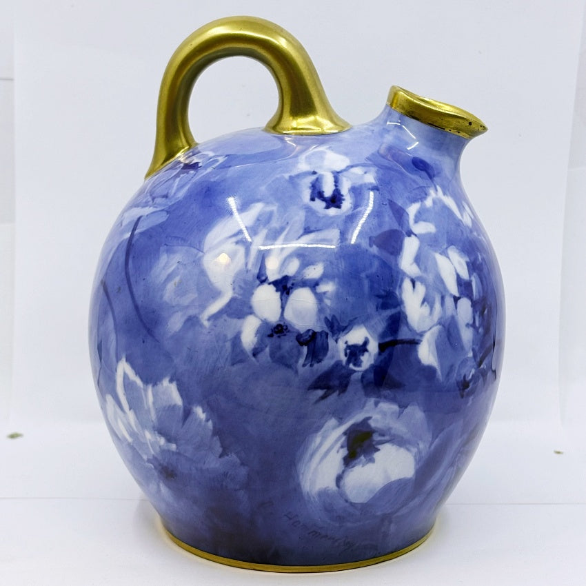 Royal Doulton Burslem Blue & White Floral Ewer Jug with Gilt Handle – 6.5" – Antique English Art Pottery