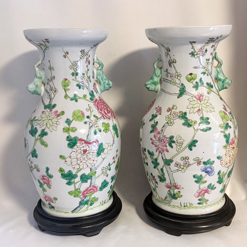 Pair Chinese Famille Rose Porcelain Vases Hardwood Stands — 20th Century Export Ware