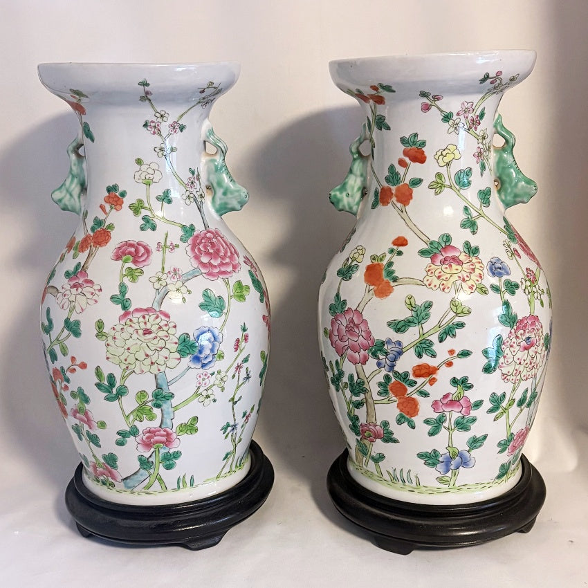 Pair Chinese Famille Rose Porcelain Vases Hardwood Stands — 20th Century Export Ware