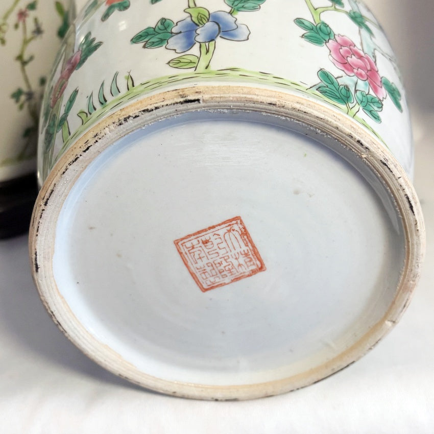 Pair of Chinese Famille Rose Porcelain Vases with Hardwood Stands — Floral Enamels, Seal Mark, 20th Century Export Ware