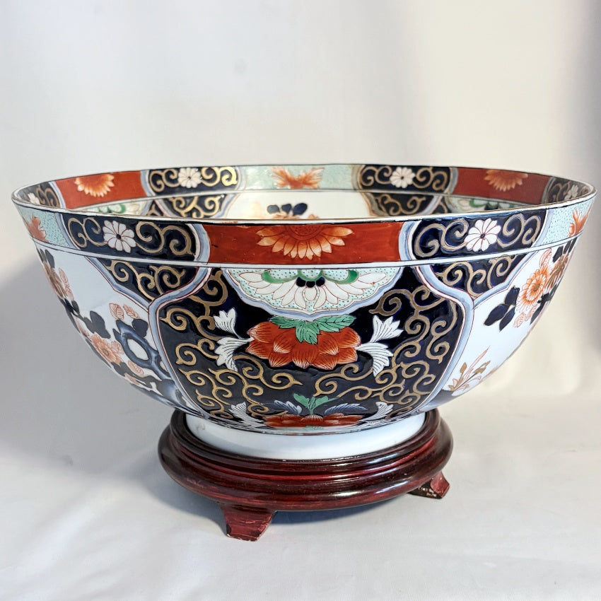 Large Chinese Imari-Style Porcelain Punch Bowl with Hardwood Stand — 14" Diameter, 20th Century