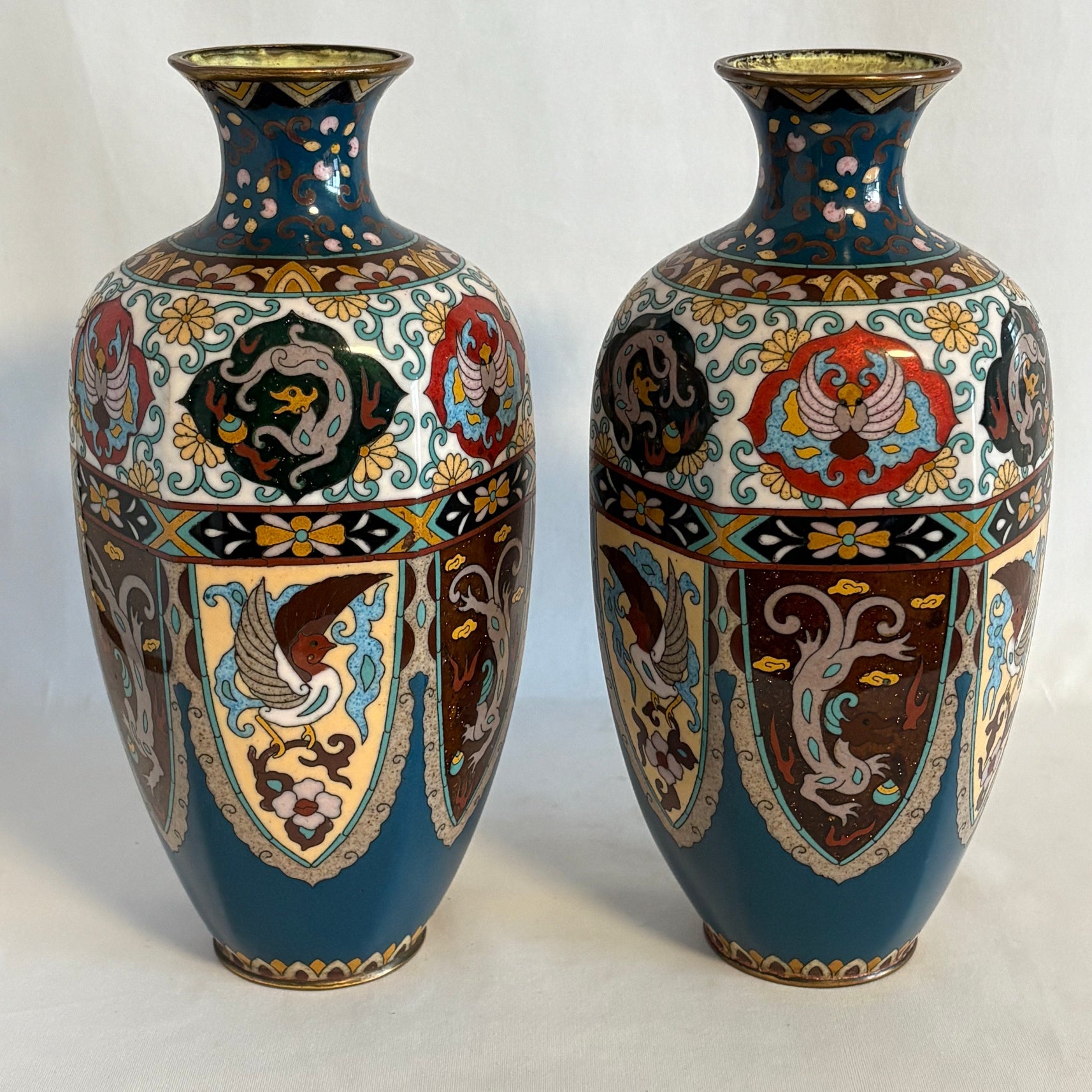 Pair of Early Japanese Cloisonné Vases -10" tall - William Cross