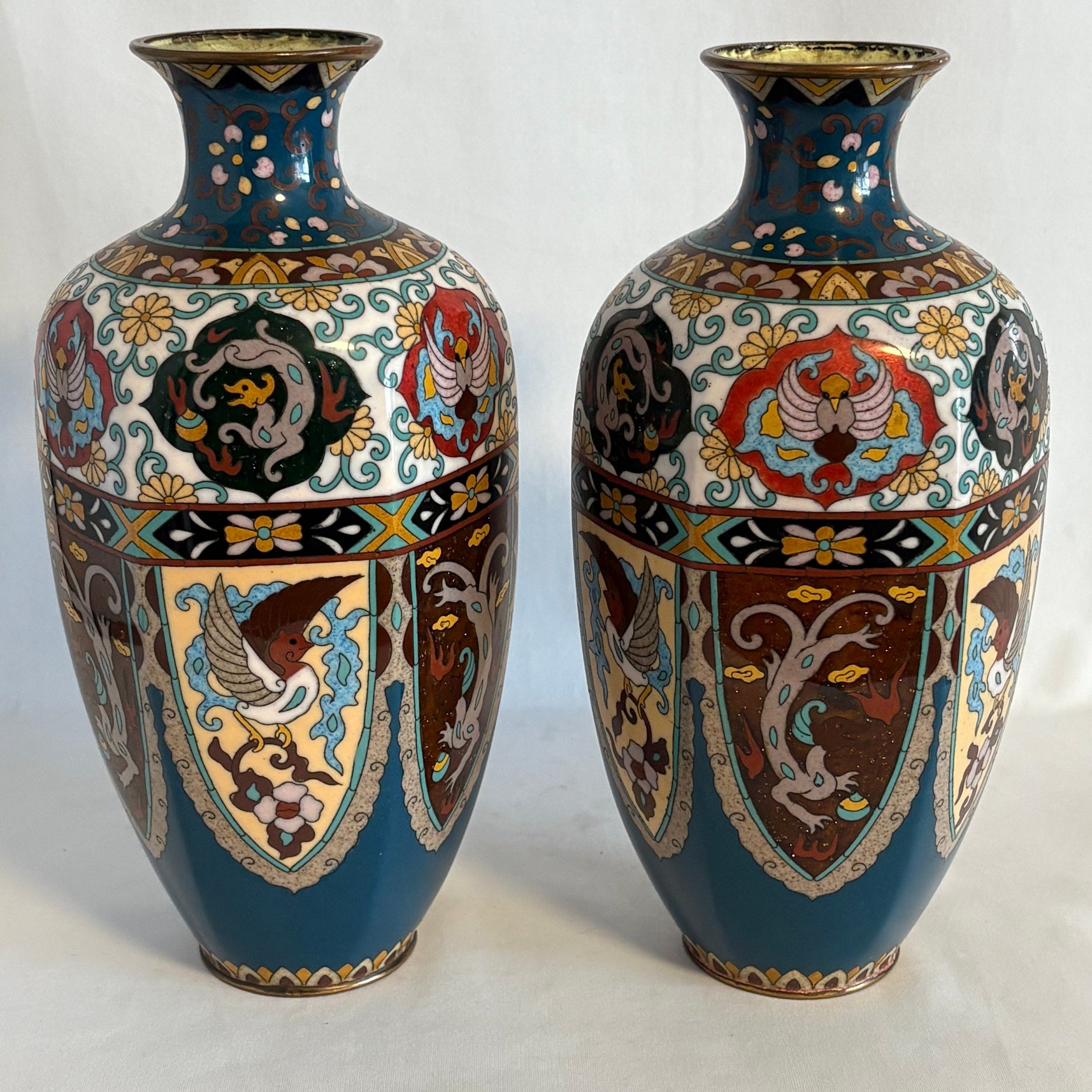 Pair of Early Japanese Cloisonné Vases -10" tall - William Cross